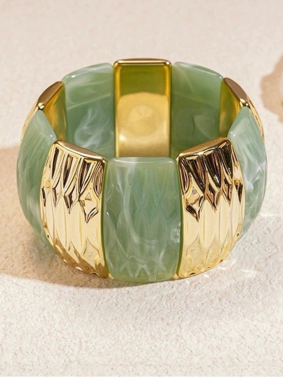 Anthropologie Jewelry - Gold and Sage Green Chunky Stretch Bracelet